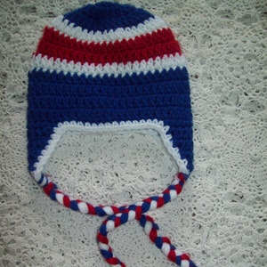 New York Rangers Ice Hockey HAT Red White Blue Photo Prop Hand Crochet Winter Hat with Braided Ties and Earflaps Newborn Baby Toddler Infant