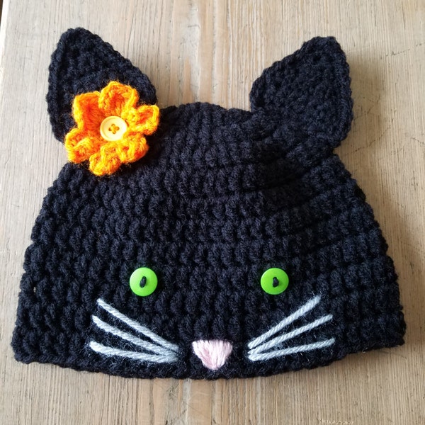 Crochet Black Kitty Cat Halloween Fall Hat Infant Baby Toddler Photo Prop Sweet Boy or Girl Baby Shower Gift Winter Hat Warm Cozy Cute