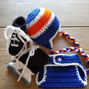 Crochet New York Islanders Ice Hockey HAT Diaper Cover and SKATES 3 piece set  Photo Prop Halloween Sports Costume NY Red White Blue