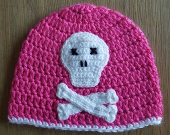 Crochet Pink and White Pirate Rocker SKULL and CROSSBONES Hat Beanie Infant Baby Toddler Photo Prop Sweet Boy or Girl