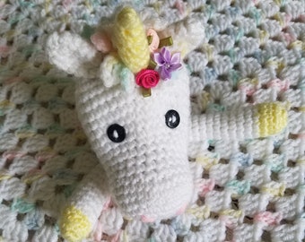Crocheted Fairy Tale Rainbow UNICORN LOVEY Security Blanket Snuggle Blankie Sleep Toy Keepsake