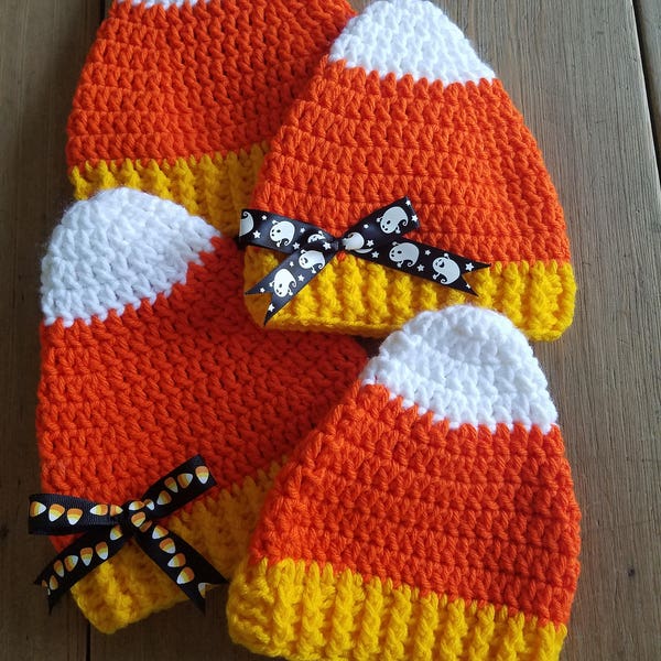 HALLOWEEN Candy Corn HAT Beanie Cap w Ribbon Bow Infant Baby Girl Boy Costume Fall Autumn Harvest Photo Prop Hand Crochet Cute Warm Cozy