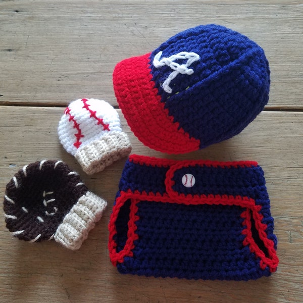 Atlanta Braves Baseball Hat w Brim, Diaper Cover, Baseball & Glove Mittens Mitts 4-Piece Set  Photo Prop Crochet Blue Red White Shower Gift