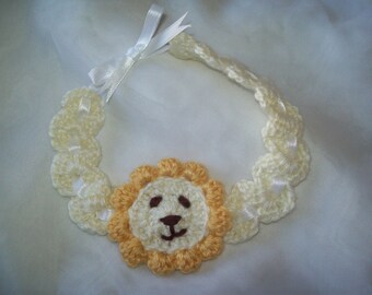 Hand Crochet Baby Girl Infant LION Face HEADBAND Satin Ribbon Ties