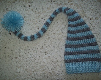 Hand Crochet Grey Blue STRIPE Pompom PIXIE Elf Long Tail Stocking HAT Infant Baby Boy Photo Prop Baby Shower Gift Cute!