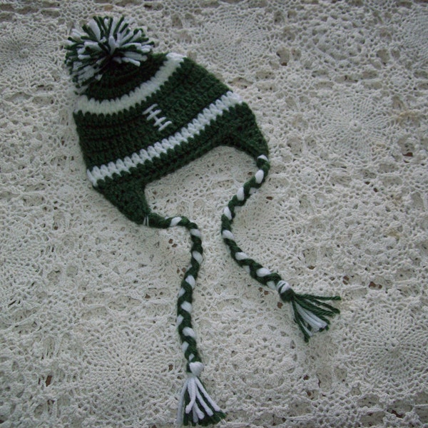 Crochet New York NY JETS FOOTBALL Earflap Braided Ties Pompom Hat Infant Baby Toddler Your Teams Colors