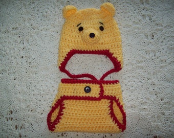 Winnie the Pooh  Insipired Hat and Diaper Cover Set  Photo Prop Hand Crochet