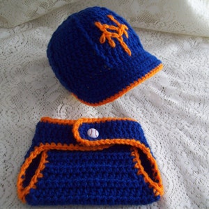 Blue & Orange NY METS Baseball Hat w Brim and Diaper Cover Set  Newborn Photo Prop Hand-Crochet Spring Baby Shower Gift for Mets Fan Parents