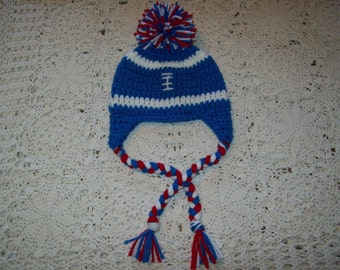 Crochet New York NY GIANTS FOOTBALL Earflap Braided Ties Pompom Hat Infant Baby Toddler Your Teams Colors