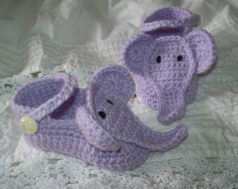 Hand Crochet Baby Boy or Girl Infant PURPLE ELEPHANT BOOTIES Shoes Slippers w Straps & Button