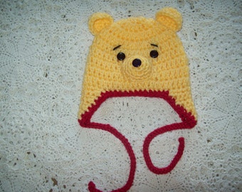 SWEET Winnie the Pooh Inspired Hat  with Earflaps and Ties Photo Prop Hand Crochet