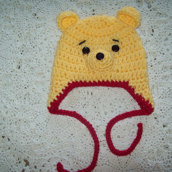 SWEET Winnie the Pooh Inspired Hat  with Earflaps and Ties Photo Prop Hand Crochet