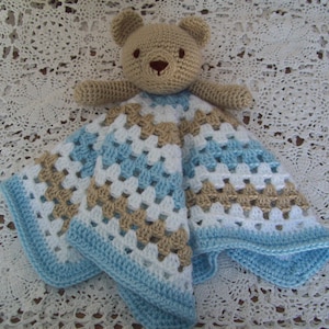 Crocheted Teddy Bear LOVEY Security Blanket Snuggle Blankie Blue Tan White Sleep Toy