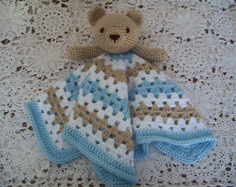 Crocheted Teddy Bear LOVEY Security Blanket Snuggle Blankie Blue Tan White Sleep Toy