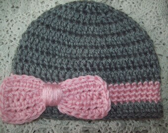 Hand Crochet Pink & Grey BOW HAT BEANIE  Infant Baby Girl