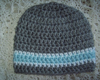 Hand Crochet Grey Blue & White STRIPE BEANIE HAT Infant Baby Toddler Boy