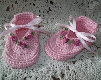 Pink & Pink Rose Bud BALLET SLIPPERS Satin Ribbon Hand Crochet Baby Girl Booties