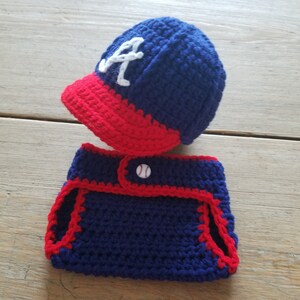 Atlanta Braves Baseball Hat w Brim & Diaper Cover Set Photo Prop Hand Crochet Blue Red White Newborn Baby Shower Gift for Braves Fan Parents