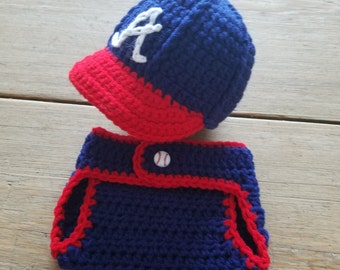 Atlanta Braves Baseball Hat w Brim & Diaper Cover Set Photo Prop Hand Crochet Blue Red White Newborn Baby Shower Gift for Braves Fan Parents