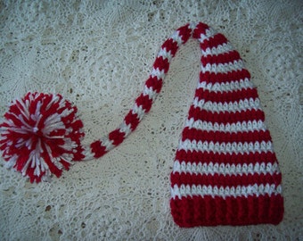 Crochet Christmas and Valentine's Day Red & White STRIPE Pompom PIXIE Elf Stocking HAT Infant Baby Photo Prop