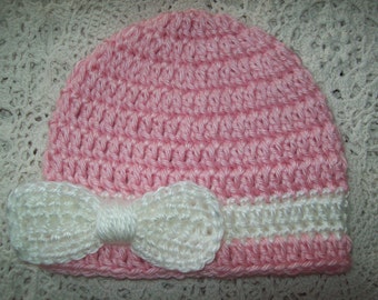 Hand Crochet Pink & White BOW HAT BEANIE  Infant Baby Toddler Girl