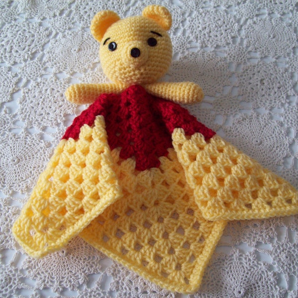 WINNIE the POOH Inspired Lovey Security Blanket Snuggle Snuggie Blankie Red Yellow Sleep Toy Teddy Bear Crochet