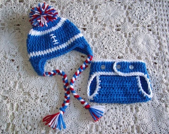 Red White Blue NY New York GIANTS Football Hat w Pompom Braided Ties Earflaps and Diaper Cover Set  Photo Prop Hand-Crochet Spring