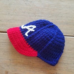 Atlanta Braves Baseball Hat w Brim Infant Baby Newborn Photo Prop Sweet Boy Girl Sports Fan Unique Baby Shower Gift Crochet Red Blue White