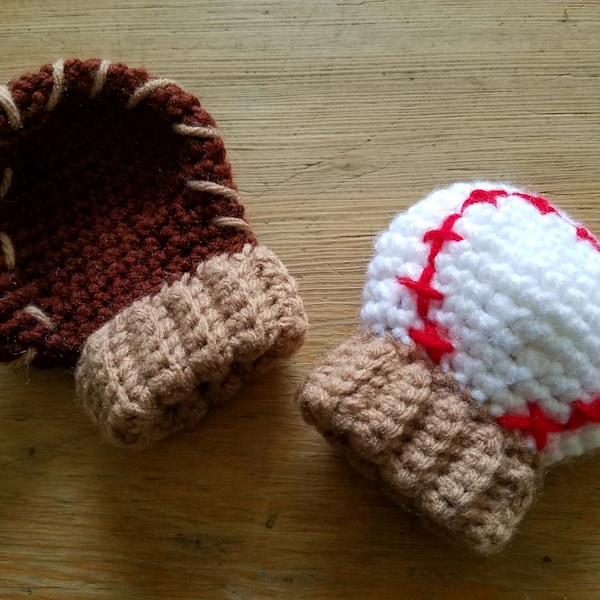 Crochet Baseball & Glove Mittens Mitts Photo Prop Newborn Infant Baby ADD PERSONALIZED INITIALS Unique Baby Shower Gift for Baseball Fan