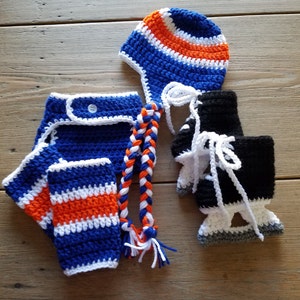 Crochet New York Islanders Ice Hockey HAT Diaper Cover SKATES Leg Warmers 4 piece set  Photo Prop Sports Costume NY Blue Orange White