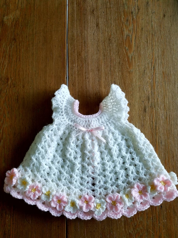 Crochet Newborn Baby Girl Dress White Pink Daisy Flower Pinafore w Angel Wings Take me Home Unique Baby Shower Gift Photo Prop