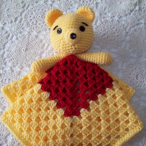 WINNIE the POOH Inspired Lovey Security Blanket Snuggle Snuggie Blankie Red Yellow Sleep Toy Teddy Bear Crochet image 5