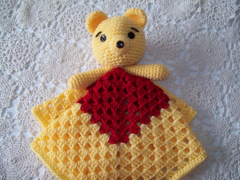 WINNIE the POOH Inspired Lovey Security Blanket Snuggle Snuggie Blankie Red Yellow Sleep Toy Teddy Bear Crochet image 5