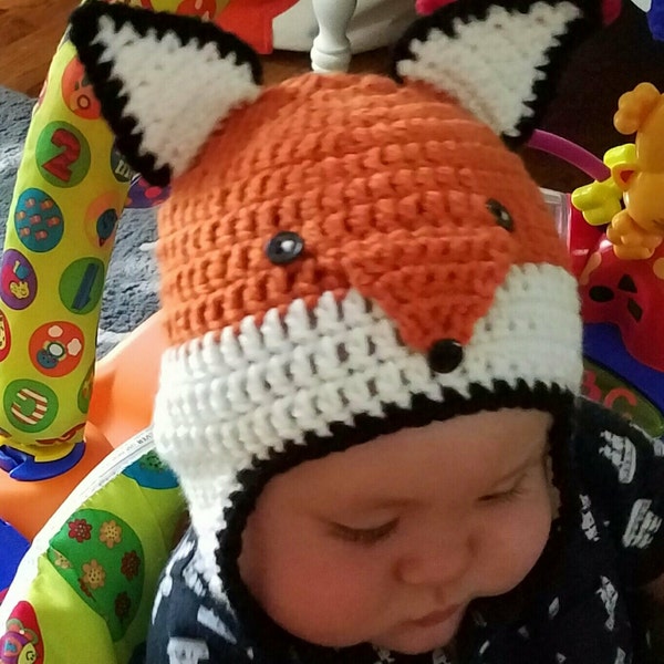 Crochet FOX Earflap Hat w Braided Ties Infant Baby Toddler Photo Prop Sweet Girl or Boy Baby Shower Gift Warm Cute Cozy Winter Hat