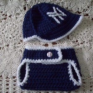 Navy Blue and White NY Yankees Baseball Hat w Brim and Diaper Cover Set  Photo Prop Hand-Crochet Spring