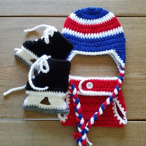 New York Rangers Ice Hockey HAT Diaper Cover and SKATES 3 piece set  Photo Prop Halloween Sports Costume Hand Crocheted  NY Red White Blue