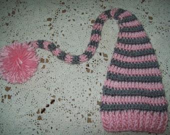 Hand Crochet Grey Pink STRIPE Pompom PIXIE Spring HAT Infant Baby Girl  Photo Prop