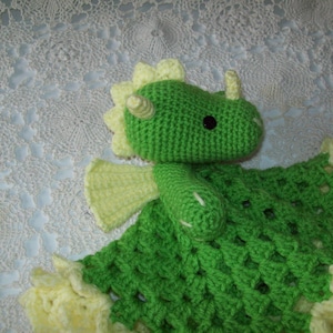 Crocheted Fairy Tale Winged DRAGON LOVEY Security Blanket Snuggle Blankie Green Yellow Sleep Toy