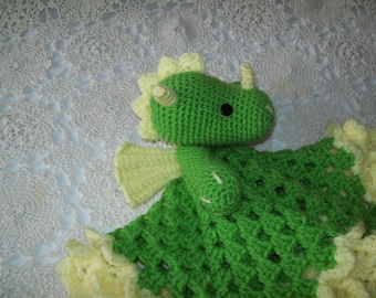 Crocheted Fairy Tale Winged DRAGON LOVEY Security Blanket Snuggle Blankie Green Yellow Sleep Toy
