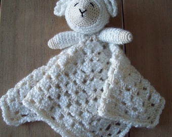 Crocheted LAMB LOVEY Security Blanket Snuggle Blankie Tan White Sleep Toy Easter Spring Sheep