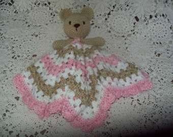 Crocheted Teddy Bear LOVEY Security Blanket Snuggle Blankie Pink Tan White Sleep Toy