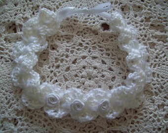 Christening Headband  White w/ White Satin Ribbon Rose Flowers Infant HEADBAND for BABTISM Unique Baby Shower Gift Photo Prop Hand Crochet