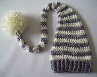 Hand Crochet Grey Yellow STRIPE Long Tail Stocking Pompom PIXIE Elf HAT Infant Baby Photo Prop