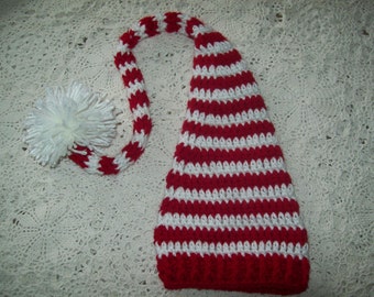 Christmas Candy Cane Red & White STRIPE Pompom PIXIE Elf Stocking HAT Infant Baby Crochet Photo Prop