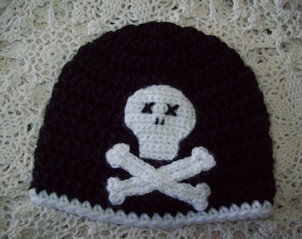 Crochet Black and White Pirate SKULL and CROSSBONES Hat Beanie Infant Baby Toddler Photo Prop Sweet Boy or Girl