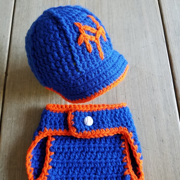 NY METS Baseball Hat w Brim & Diaper Cover Set  Photo Prop Hand-Crochet Spring Blue Orange Newborn Baby Shower Gift for Mets Fan Parents