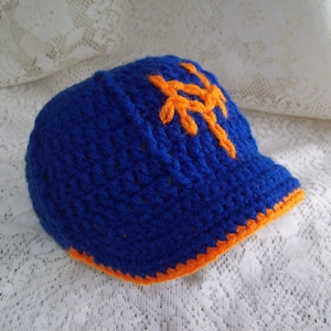 NY METS Baseball Hat with Brim Infant Baby Photo Prop Sweet Boy or Girl New York Sports Fan Unique Baby Shower Gift Crochet Blue Orange