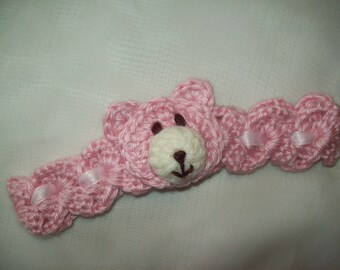 Hand Crochet Pink TEDDY BEAR Baby Infant HEADBAND