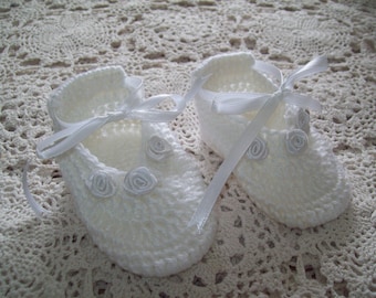 White & White Satin Ribbon Rose BALLET SLIPPERS Hand Crochet Baby Girl Christening Booties