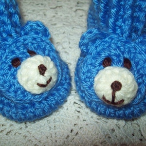 Hand Crochet Baby Boy Infant TEDDY BEAR Blue Booties Slippers Socks Shoes Sweet